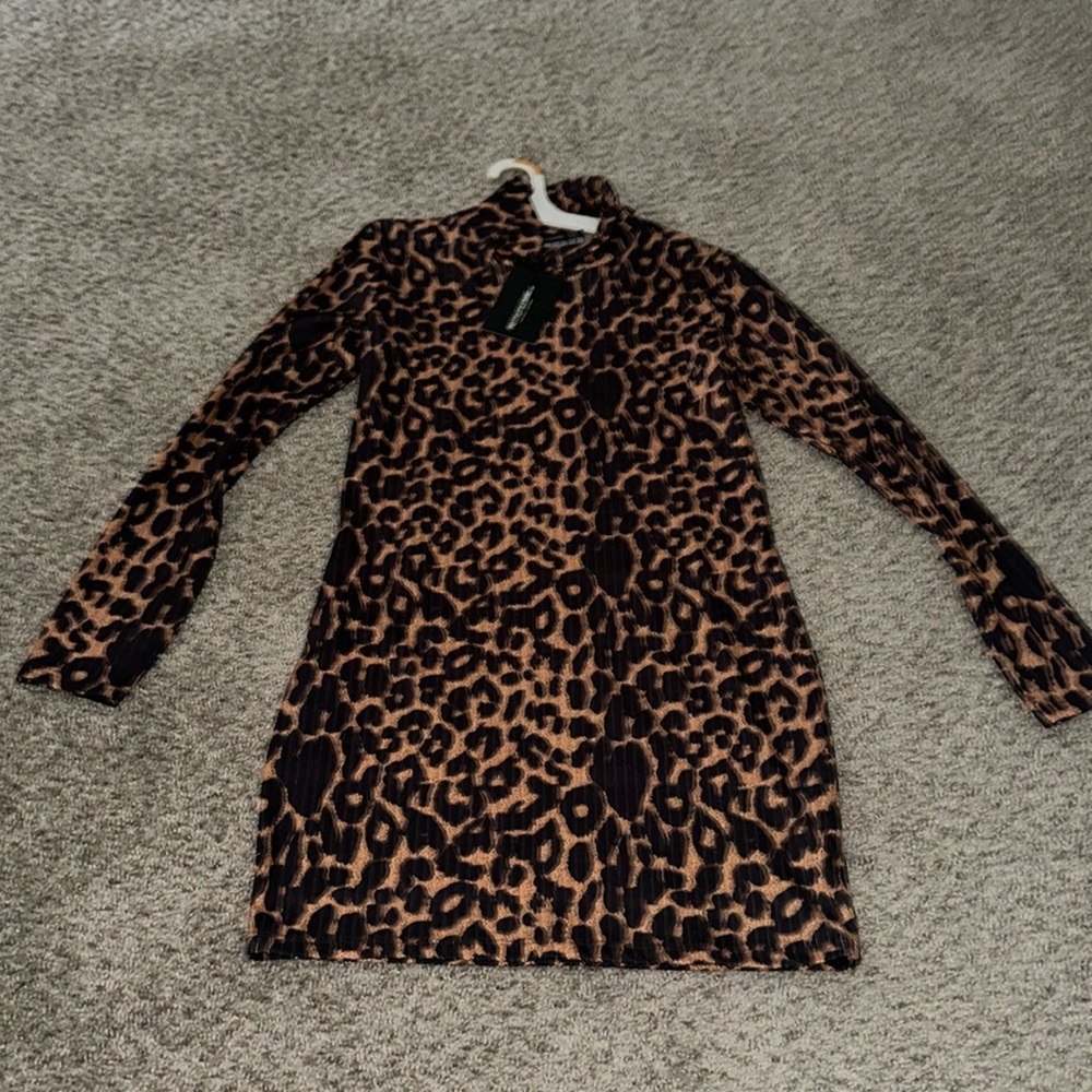 Cheetah dress long sleeve with slight turtle neck